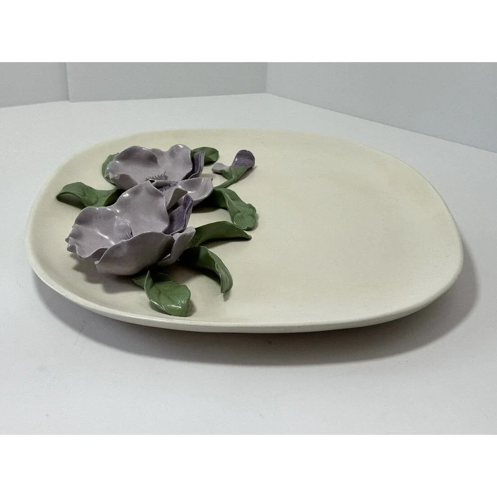 Pottery Art Square Plate With Purple‎ Flowers